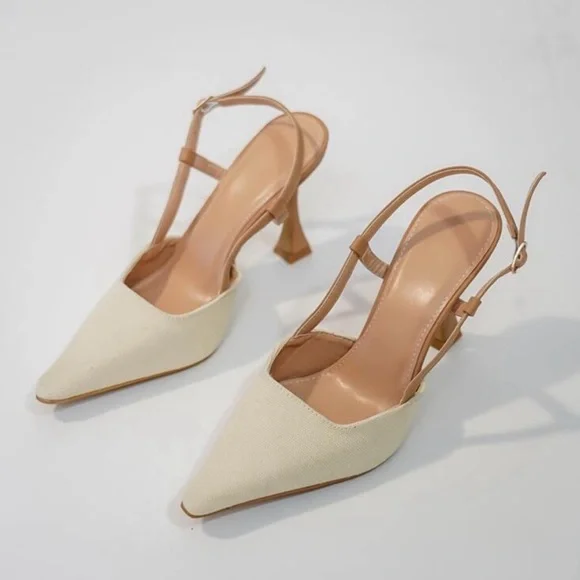 Elegant Cream and Tan Slingback Heels - Picture 2 of 6